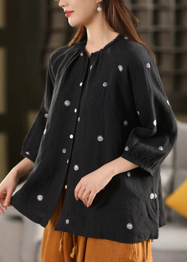 Top Button bestickte Leinen Vintage Sommer Bluse schwarz