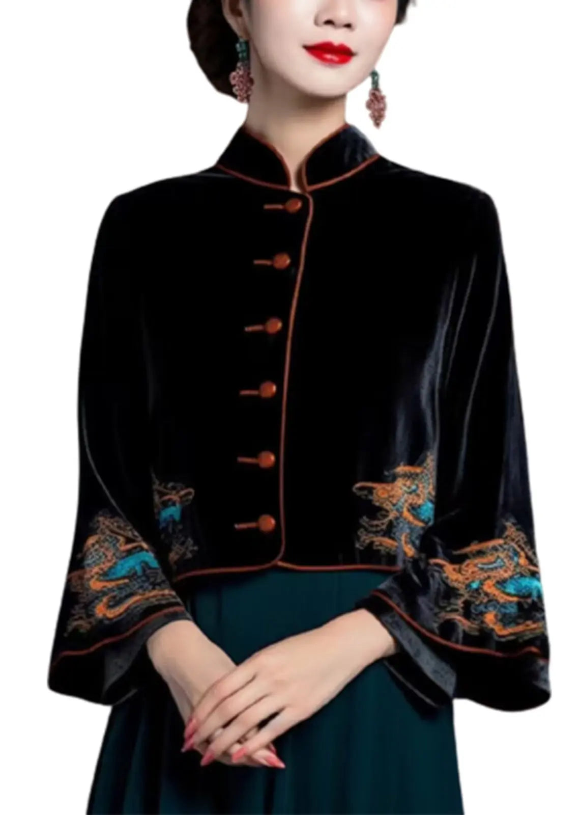 Vintage Black Embroidered Button Silk Velour Coats Flare Sleeve Ada Fashion