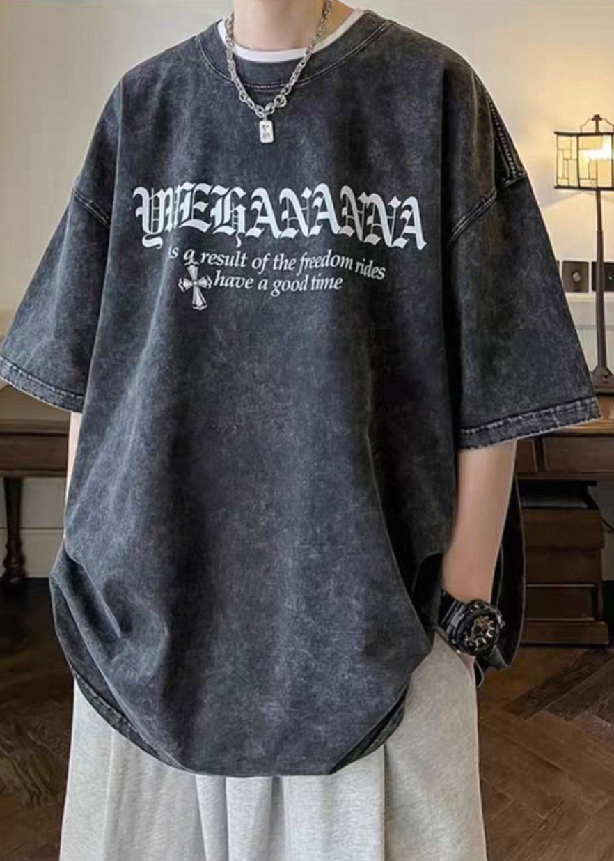 T-shirt vintage à manches courtes et col rond pour homme, en coton, noir