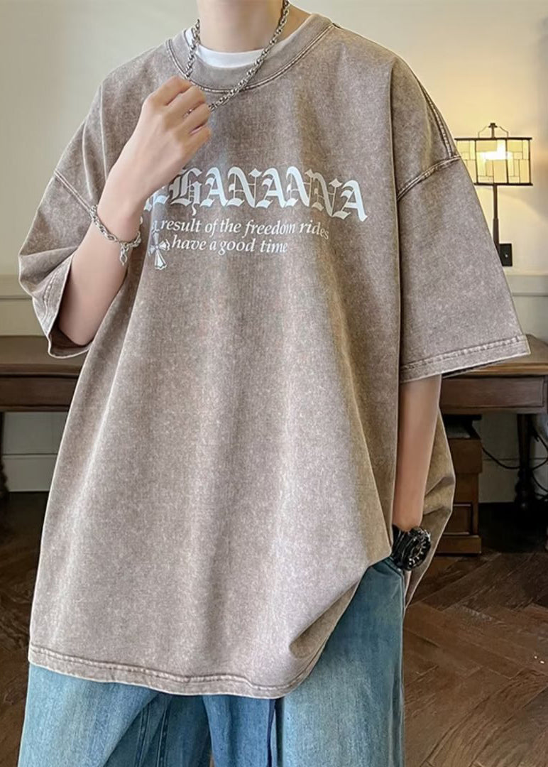 T-shirt vintage à manches courtes et col rond pour homme, en coton, noir