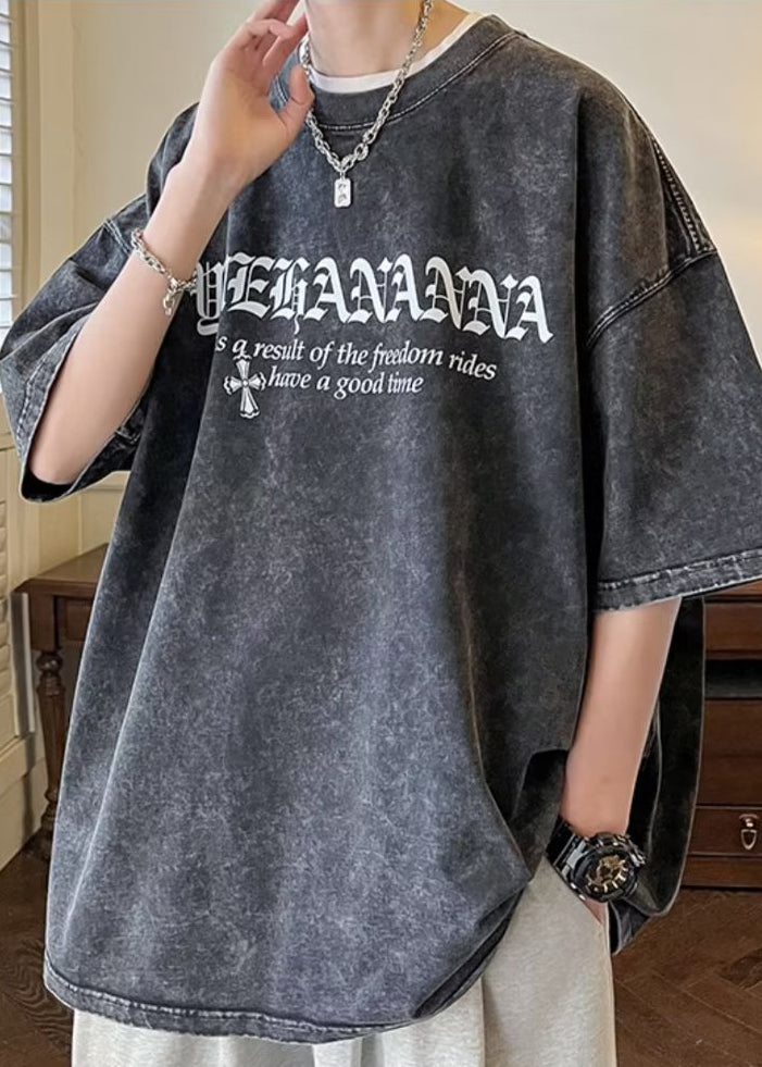 T-shirt vintage à manches courtes et col rond pour homme, en coton, noir