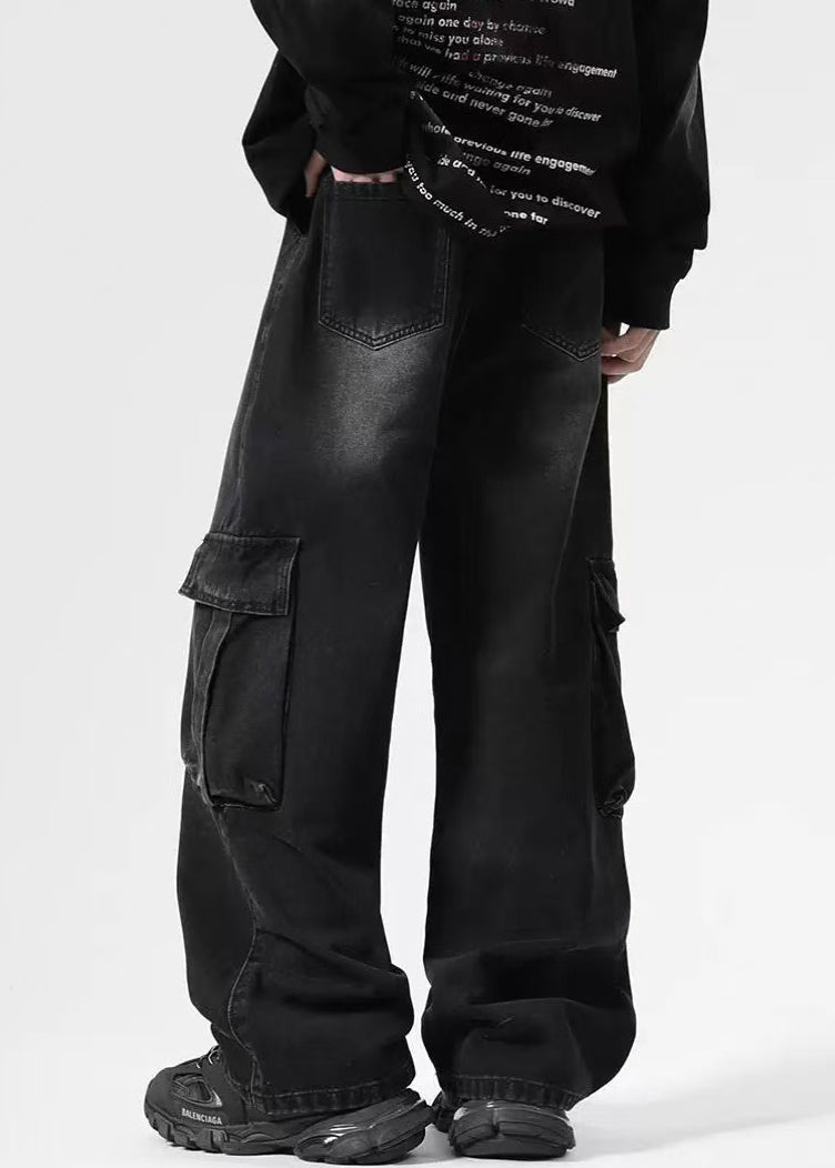 Pantalon vintage en denim noir à poches hautes pour homme, taille printemps
