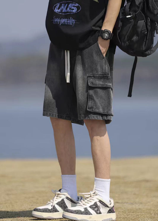Vintage Schwarze Taschen Schnür-Jeansshorts für Herren, Sommer, YL031