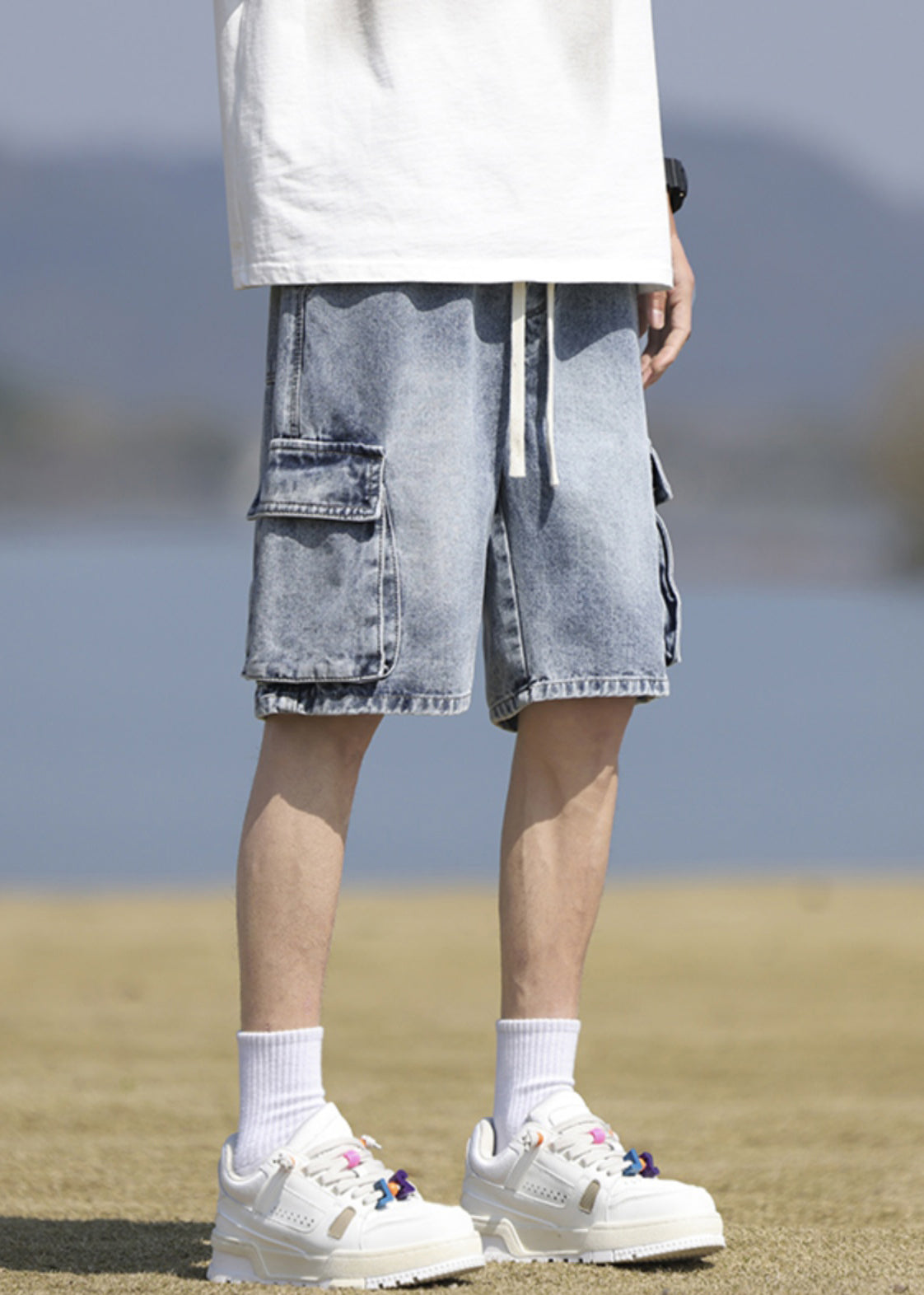 Vintage Black Pockets Lace Up Denim Mens Shorts Summer YL031