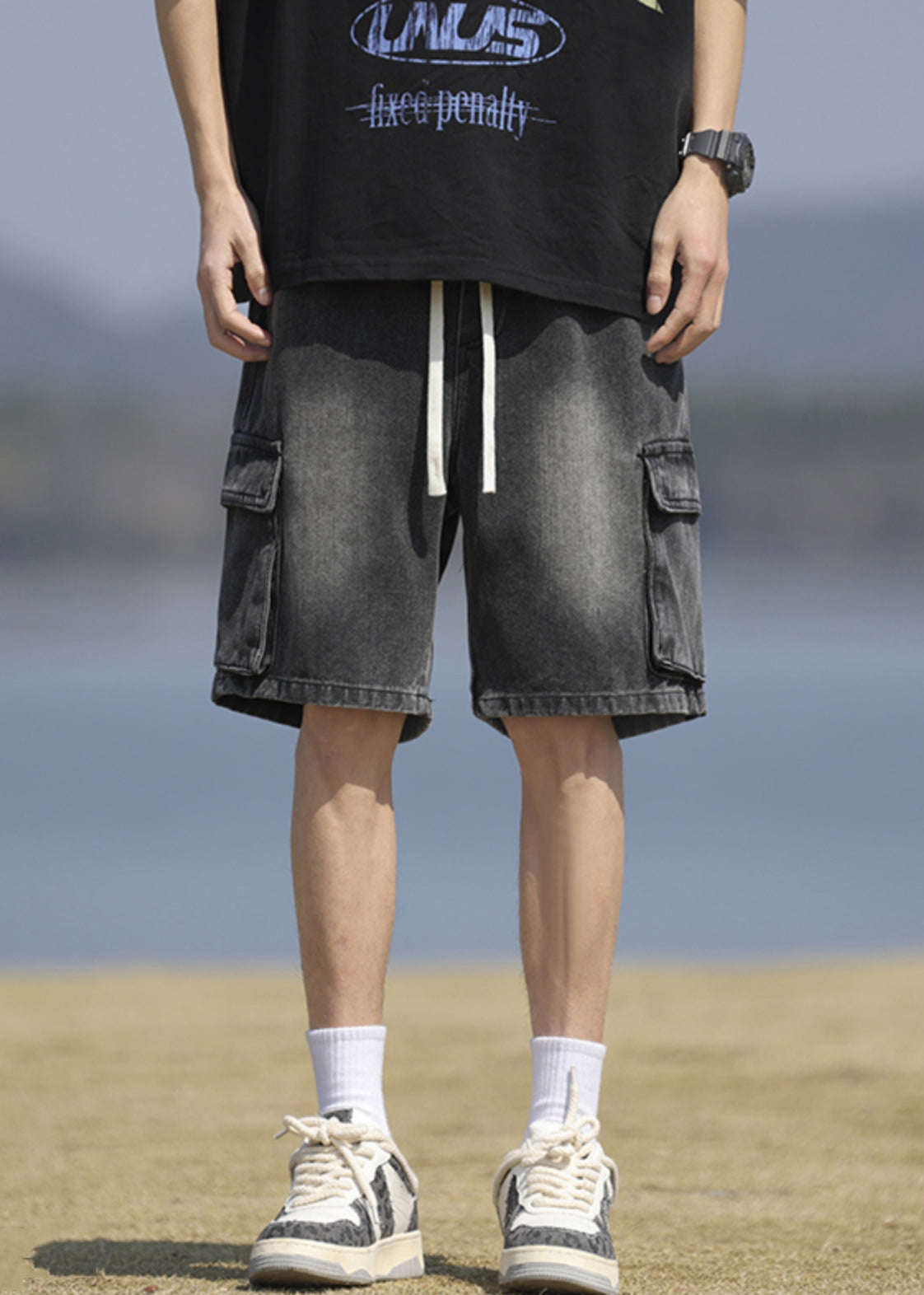 Vintage Black Pockets Lace Up Denim Mens Shorts Summer YL031