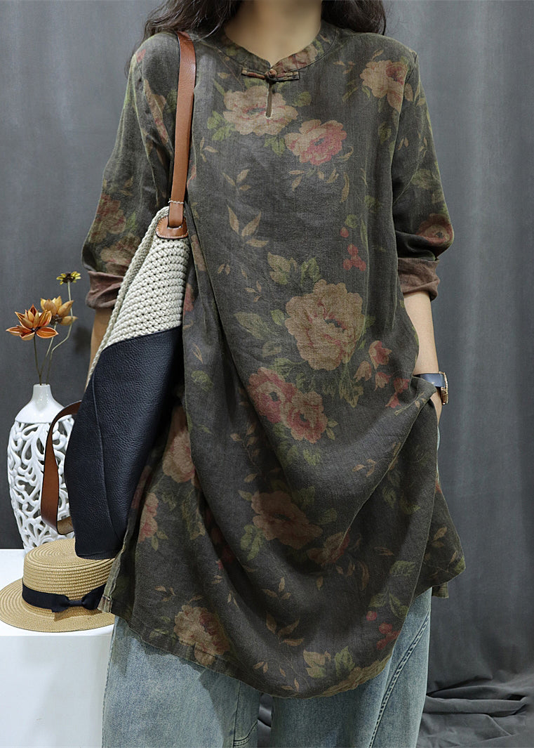 Shirts Sleeve Vintage Dress Bracelet Linen Button Black Print