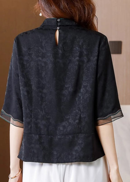 Vintage Black Stand Collar Embroidered Silk Blouse Top Summer BB008