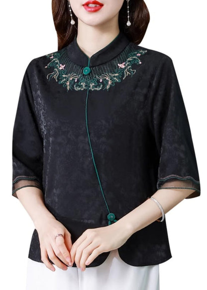 Vintage Black Stand Collar Embroidered Silk Blouse Top Summer BB008