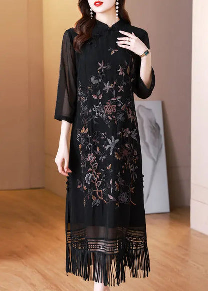 Vintage Black Tasseled Embroidered Silk Long Dresses Bracelet Sleeve Ada Fashion