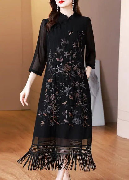 Vintage Black Tasseled Embroidered Silk Long Dresses Bracelet Sleeve Ada Fashion