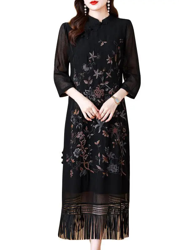 Vintage Black Tasseled Embroidered Silk Long Dresses Bracelet Sleeve Ada Fashion