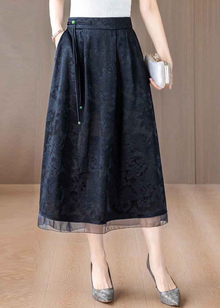 Vintage Black Tasseled Print Silk Skirts Summer OO042