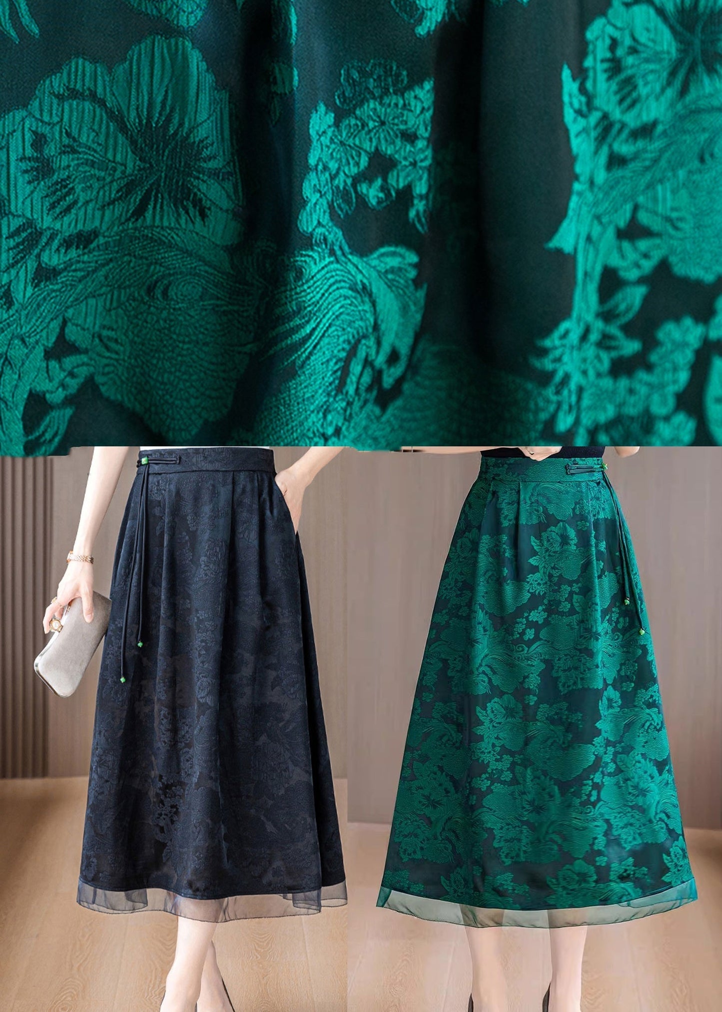 Vintage Black Tasseled Print Silk Skirts Summer OO042