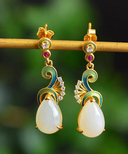 Vintage Blue Ancient Gold Jade Zircon Auspicious Clouds Drop Earrings KX1066