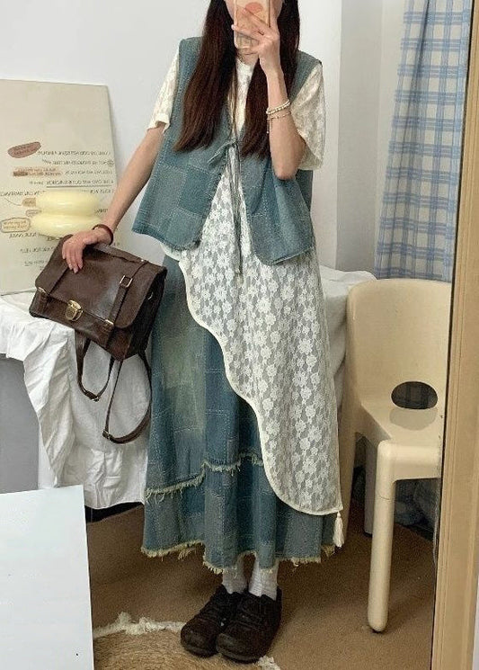 Summer Up Piece Denim Asymmetrical Lace Three Set Blue Vintage
