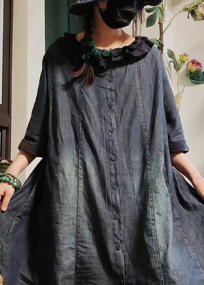 Vintage Blue Button Pockets Denim Shirts Dress Half Sleeve MN079