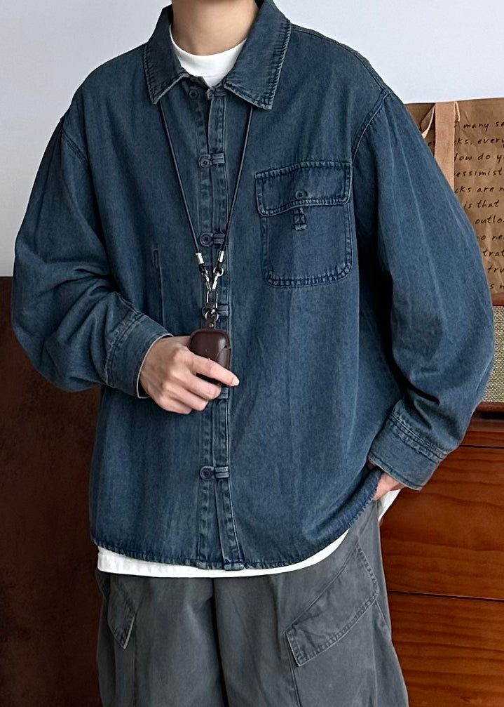 Vintage Oversized Spring Coat Pockets Button Blue Men Denim