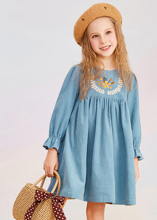 Robe mi-longue bleue vintage à col rond et manches bouffantes pour fille YE020
