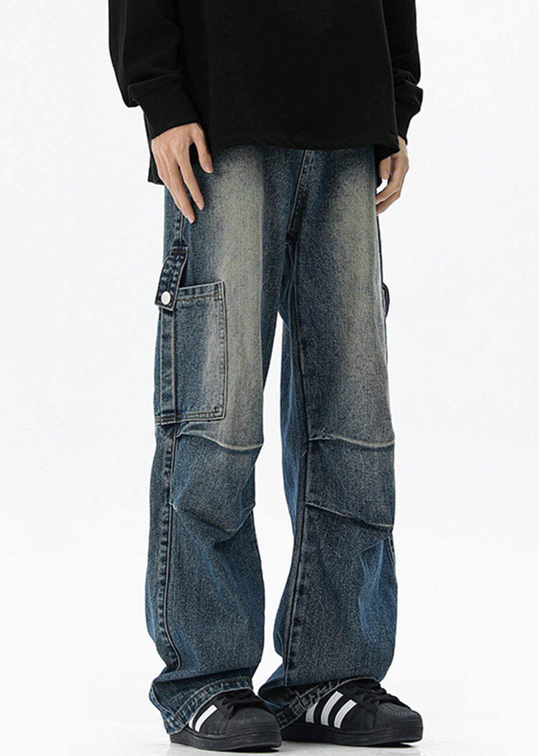 Taschen Hohe Vintage Frühling Blau Denim Taille Herren Hosen