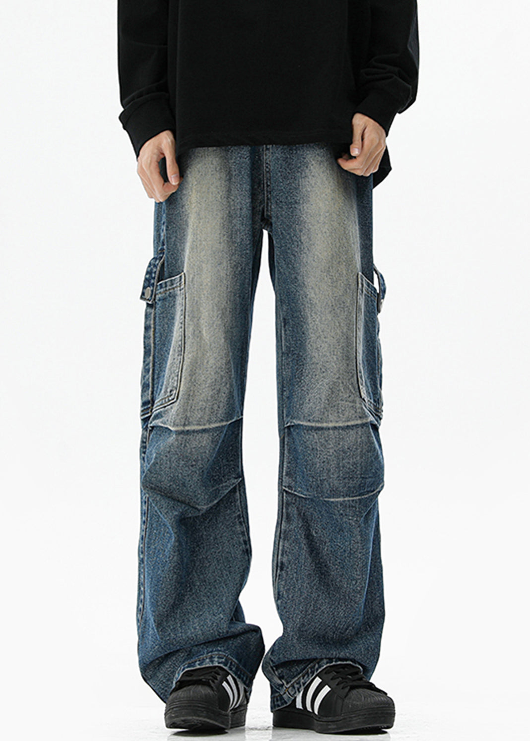 Taschen Hohe Vintage Frühling Blau Denim Taille Herren Hosen