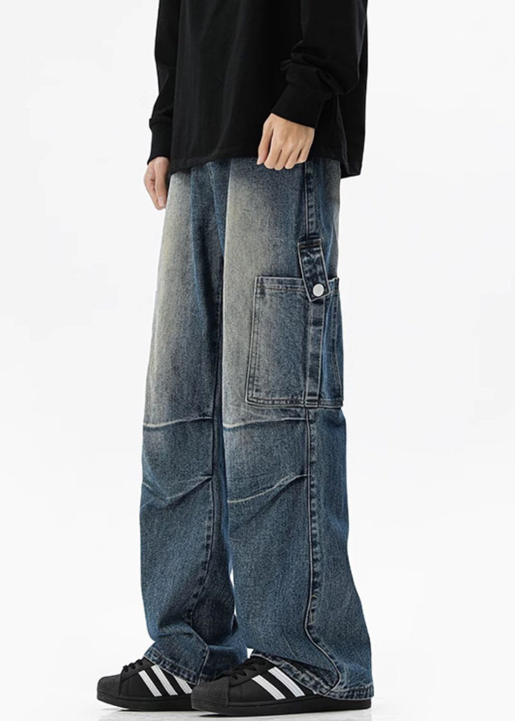 Taschen Hohe Vintage Frühling Blau Denim Taille Herren Hosen