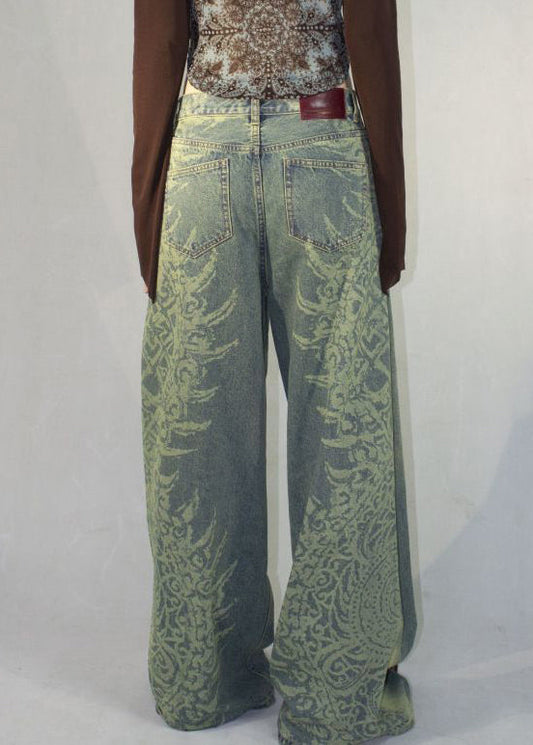 Vintage Blue Print Pockets High Waist Denim Pants Fall QF052