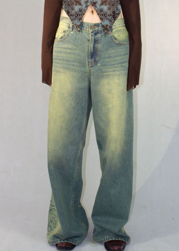 Vintage Blue Print Pockets High Waist Denim Pants Fall QF052