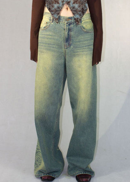 Vintage Blue Print Pockets High Waist Denim Pants Fall QF052