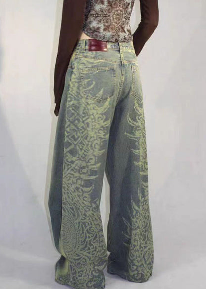 Vintage Blue Print Pockets High Waist Denim Pants Fall QF052