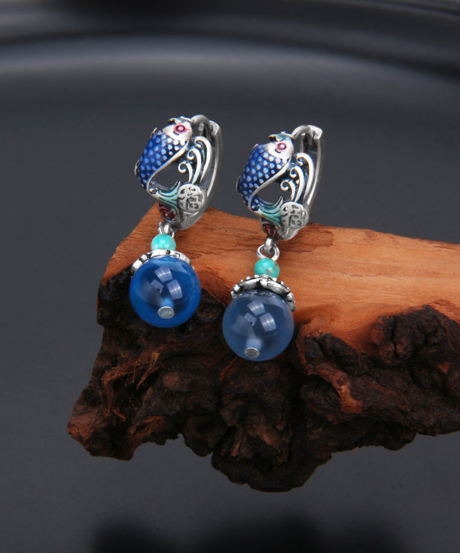 Boucles d'oreilles pendantes en argent sterling bleu vintage avec motif cloisonné A Fish Leaping Over The Dragon Gate QQ035