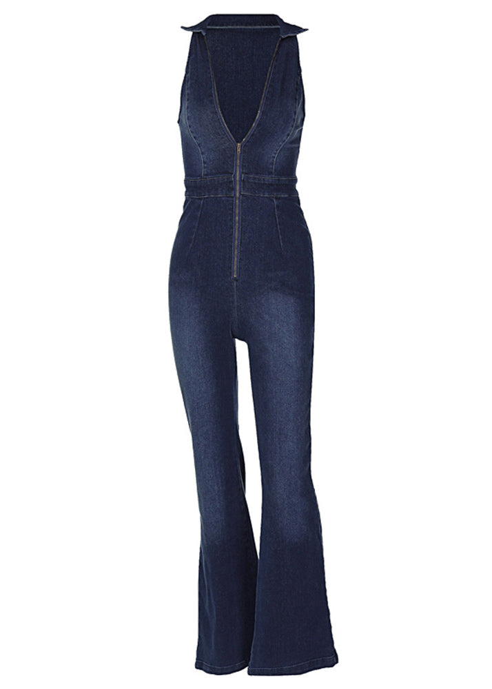 Blauer Jumpsuit mit Taillenbund, ärmellos, Vintage-Reißverschluss, Denim