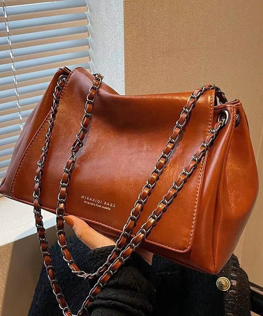 Vintage Brown Chain Linked Faux Leather Tote Handbag UU1069