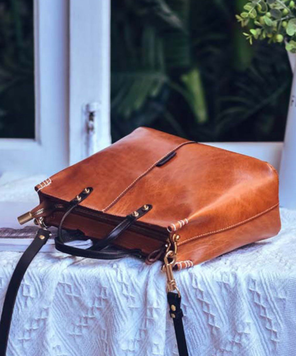 Leather Durable Tote Large Brown Handbag Vintage