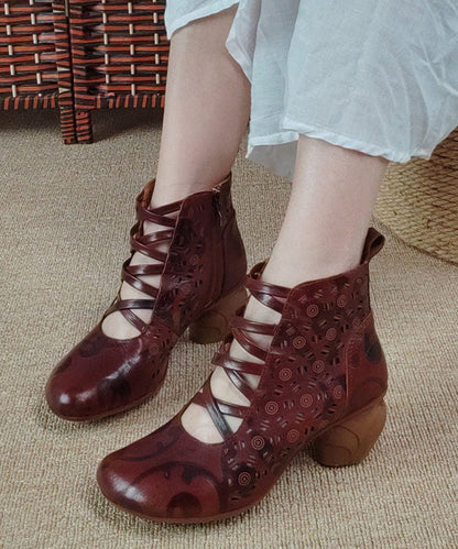 Vintage Brown Zippered Hollow Out Cowhide Leather Chunky Boots RT1060