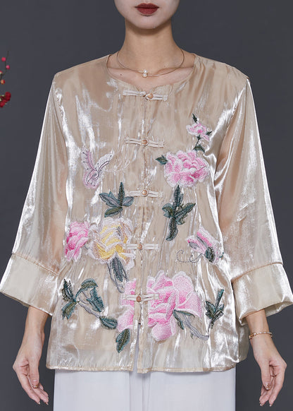 Vintage Champagne Embroidered Linen Silk Shirt Spring SD1050