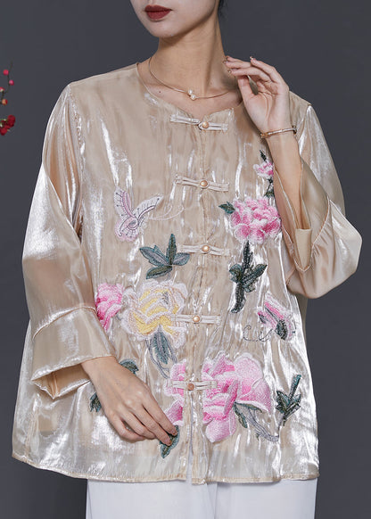 Vintage Champagne Embroidered Linen Silk Shirt Spring SD1050