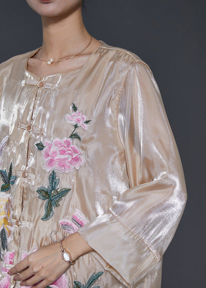 Vintage Champagne Embroidered Linen Silk Shirt Spring SD1050