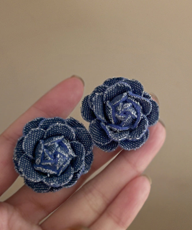 Stud Silver Earrings Denim Blue Floral Sterling Vintage