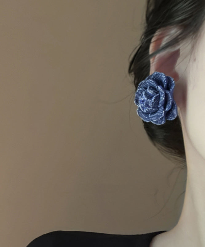 Stud Silver Earrings Denim Blue Floral Sterling Vintage