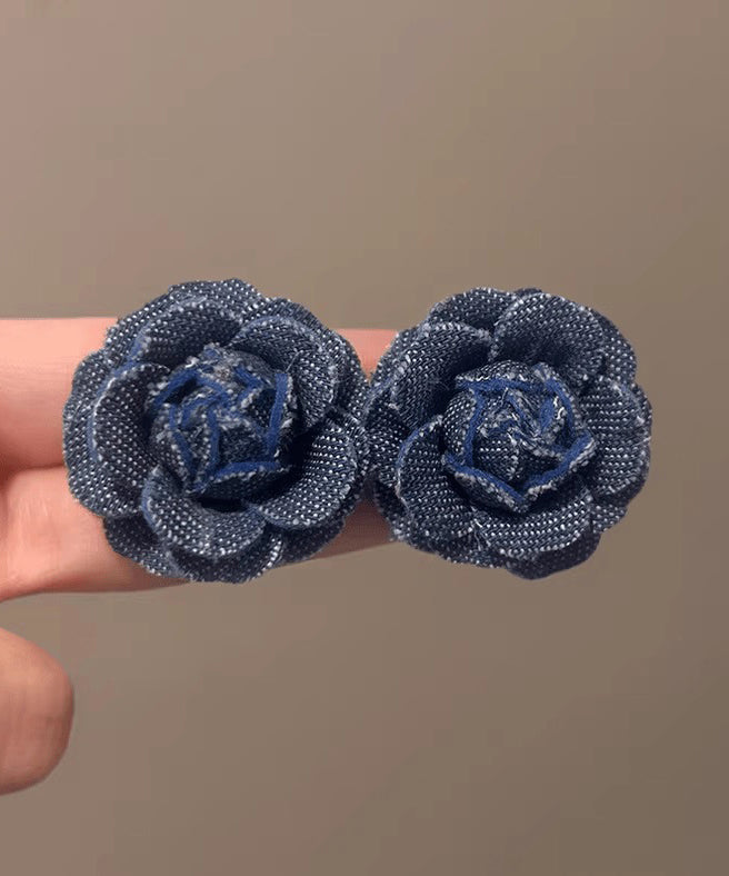 Stud Silver Earrings Denim Blue Floral Sterling Vintage