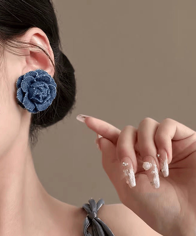 Stud Silver Earrings Denim Blue Floral Sterling Vintage