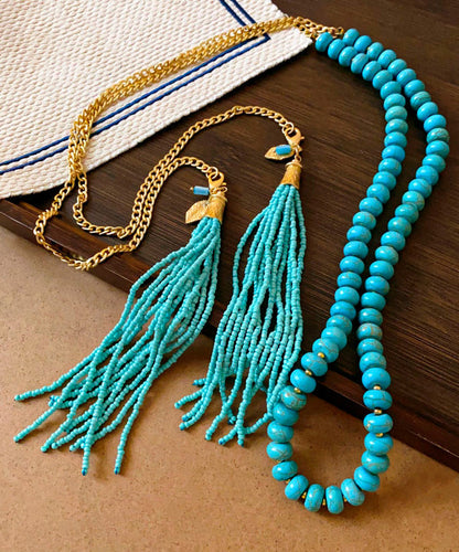 Vintage Gold Alloy Turquoise Beading Tassel Gratuated Bead Necklace WO015