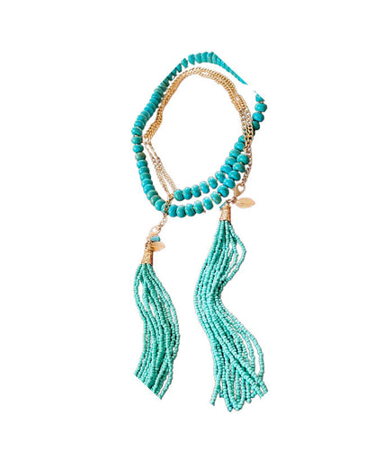 Vintage Gold Alloy Turquoise Beading Tassel Gratuated Bead Necklace WO015