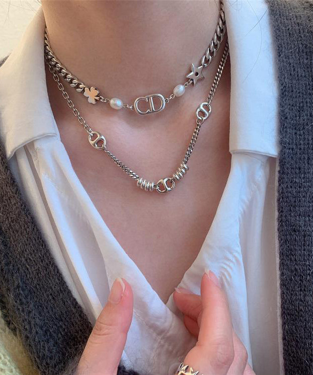 Halskette mit Patchwork-Anhänger aus Edelstahl im Vintage-Stil, goldfarben, PO005