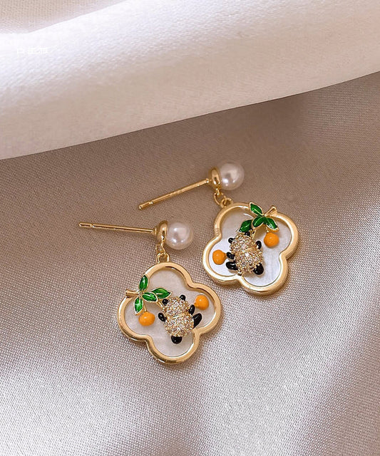 Vintage Gold Sterling Silver Alloy Panda Pearl Stud Earrings WH038