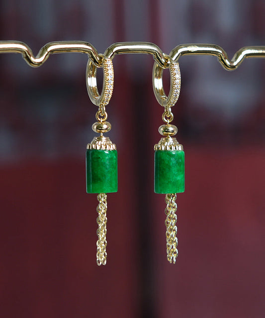 Vintage Gold Sterling Silver Overgild Inlaid Jade Tassel Drop Earrings KX1011