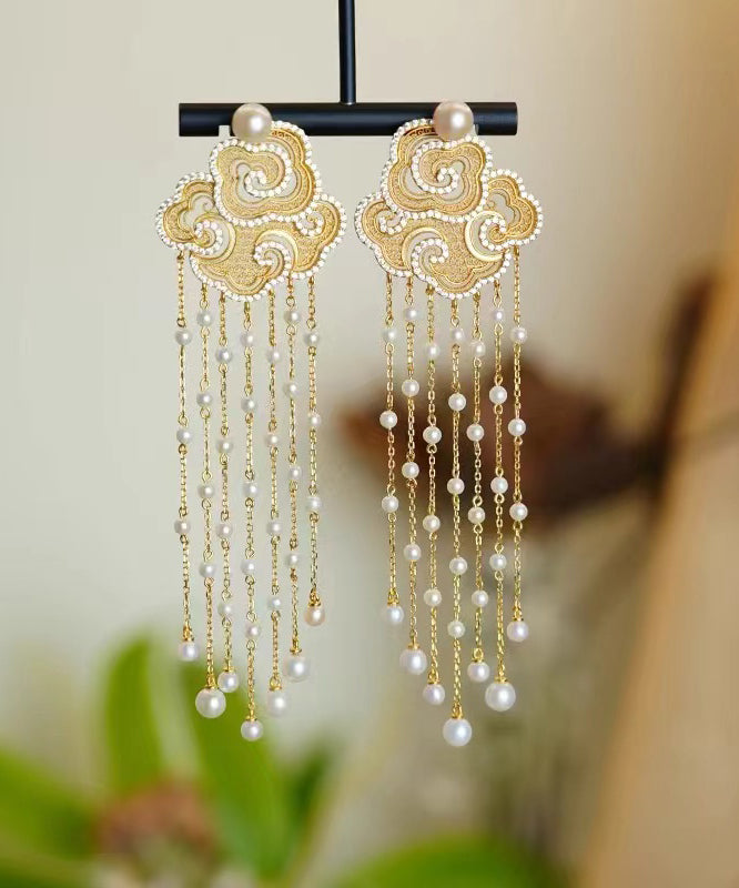 Vintage Gold Sterling Silver Overgild Pearl Auspicious Clouds Tassel Drop Earrings RA033