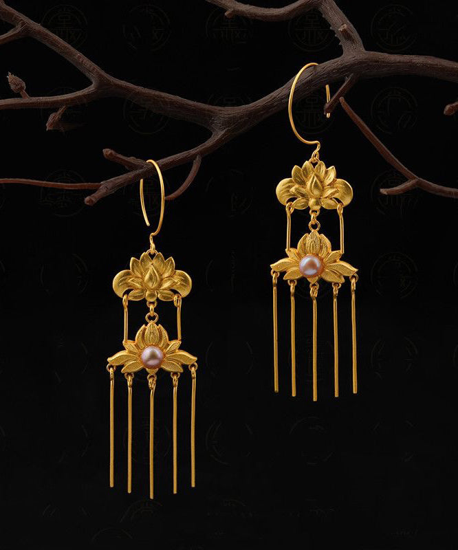 Boucles d'oreilles pendantes à pampilles florales en argent sterling doré vintage QQ007