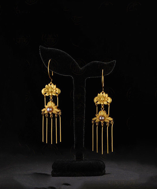 Boucles d'oreilles pendantes à pampilles florales en argent sterling doré vintage QQ007