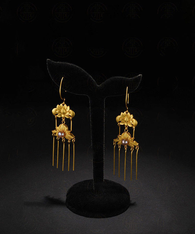 Boucles d'oreilles pendantes à pampilles florales en argent sterling doré vintage QQ007